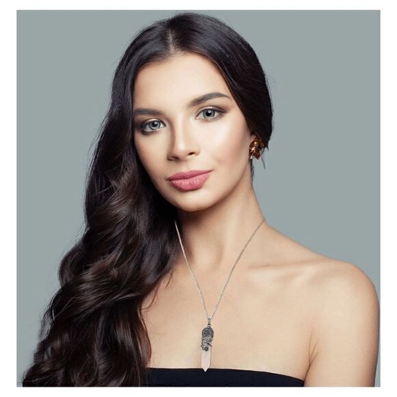 Silver Flower Wrapped In Natural Rose Quartz Pendant Necklace Healing Gift - Picture 4 of 6